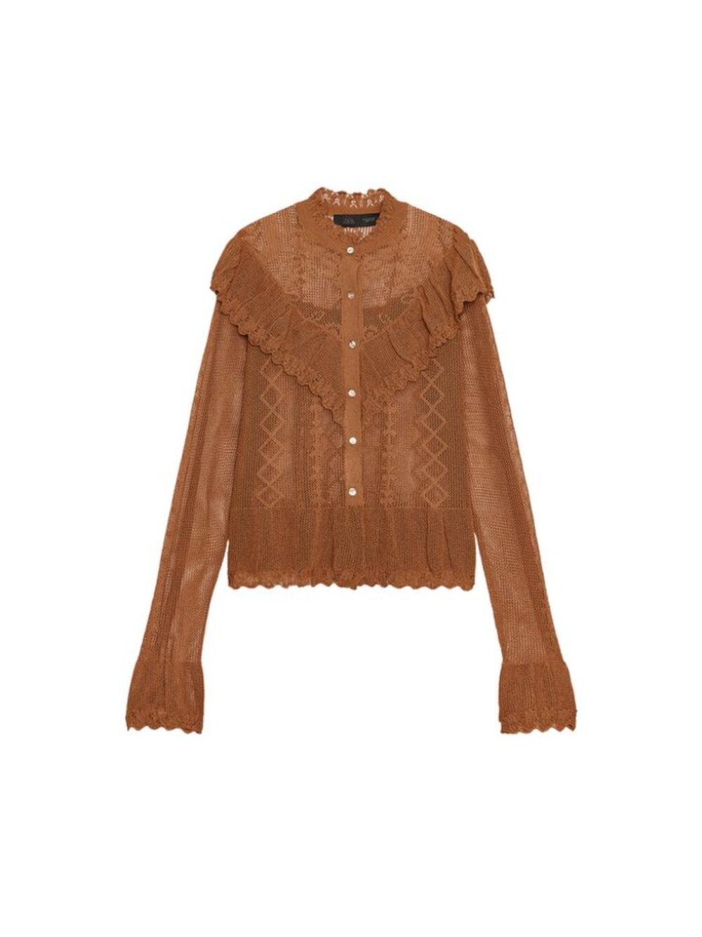 Zara Pointelle Brown Knit Romantic Ruffle Cardigan Size Small
